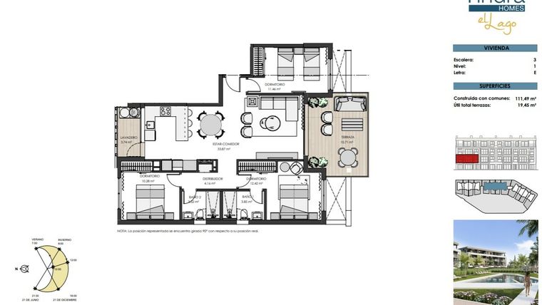 Rzut - Mieszkanie na sprzedaż 3 pokoje o powierzchni 111 m² - numer 1E w Tindra Homes el Lago