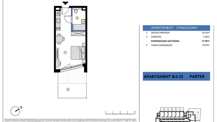 Rzut - Mieszkanie na sprzedaż 1 pokój o powierzchni 31,58 m² - numer B.015 w Wind Yacht