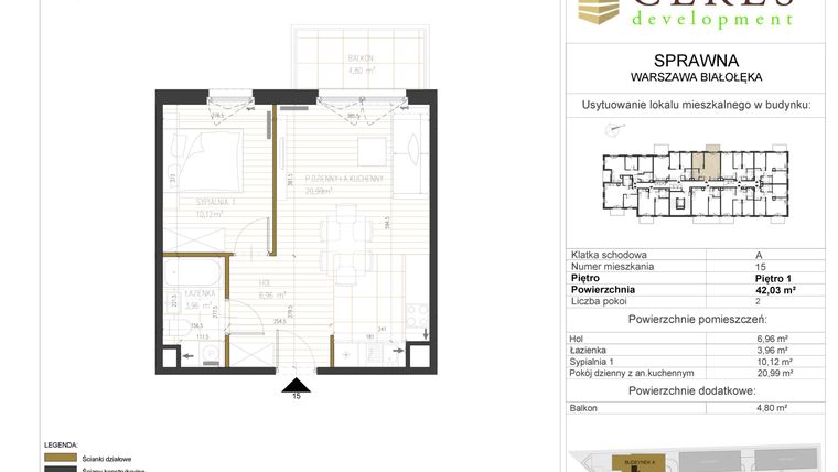 Rzut - Mieszkanie na sprzedaż 2 pokoje o powierzchni 42,03 m² - numer A15 w Osiedle Sprawna