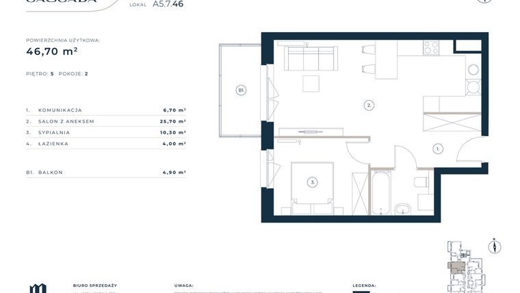 Rzut - Mieszkanie na sprzedaż 2 pokoje o powierzchni 46,7 m² - numer A5.7.46 w Cascada