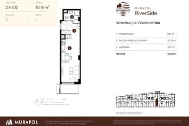 Rzut - Mieszkanie na sprzedaż 1 pokój o powierzchni 30,18 m² - numer 2.A.1.02 w Murapol RiverSide