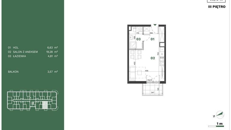 Rzut - Mieszkanie na sprzedaż 1 pokój o powierzchni 30,72 m² - numer 51 w Przewóz Solar Garden