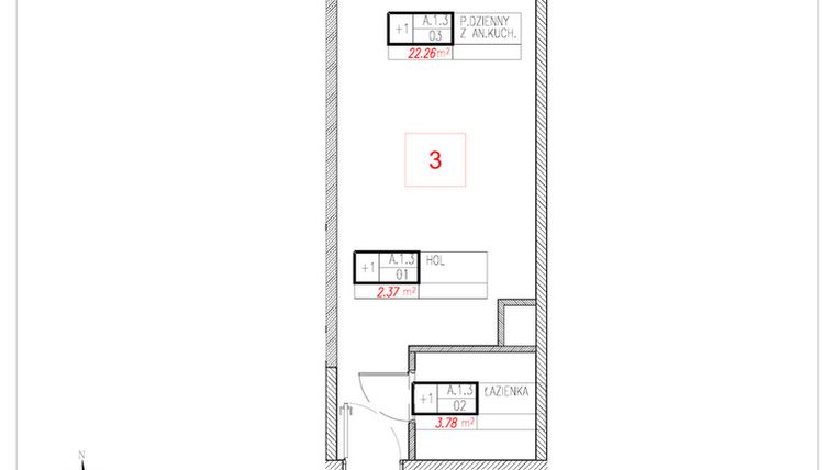 Rzut - Mieszkanie na sprzedaż 1 pokój o powierzchni 28,41 m² - numer A1.3 w Rezydencja Ogród Saski etap I i II