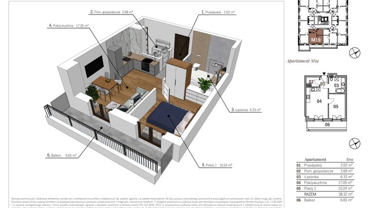 Rzut - Mieszkanie na sprzedaż 2 pokoje o powierzchni 38,32 m² - numer M19 w Przy Parku etap II