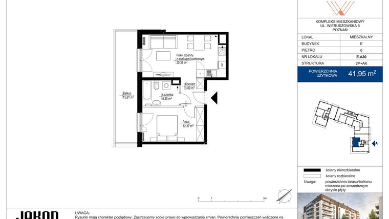 Rzut - Mieszkanie na sprzedaż 2 pokoje o powierzchni 41,95 m² - numer E.A30 w Wieruszowska E
