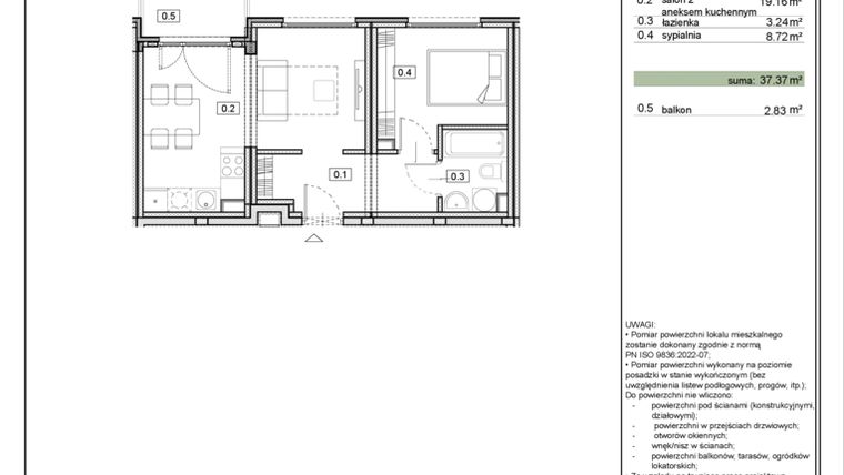 Rzut - Mieszkanie na sprzedaż 2 pokoje o powierzchni 37,43 m² - numer ZL-5.4 w Zielony Lewandów