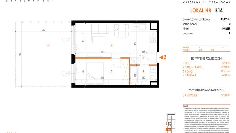 Rzut - Mieszkanie na sprzedaż 2 pokoje o powierzchni 43,02 m² - numer B14 w Werandowa