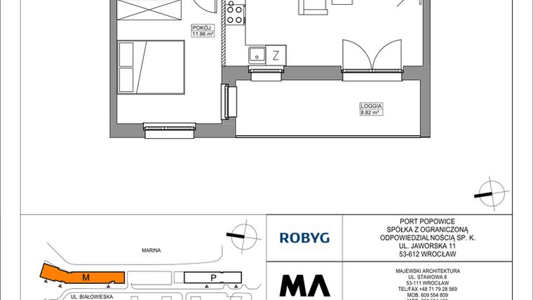 Rzut - Mieszkanie na sprzedaż 2 pokoje o powierzchni 47 m² - numer PPO/M/A/6/1 w Port Popowice bud. M i P