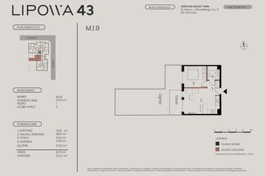 Rzut - Mieszkanie na sprzedaż 2 pokoje o powierzchni 37,51 m² - numer M.1.9 w Lipowa 43