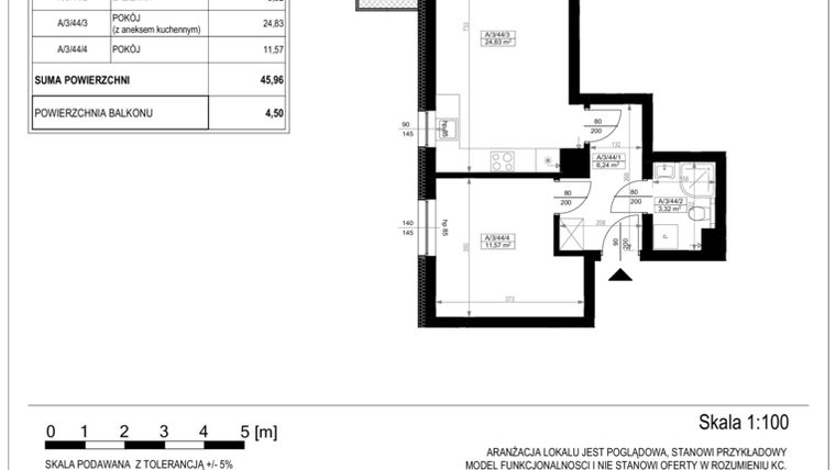 Rzut - Mieszkanie na sprzedaż 2 pokoje o powierzchni 45,96 m² - numer A-3-44 w Zamieszkaj na Rudawskiej 5