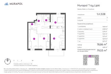 Rzut - Mieszkanie na sprzedaż 4 pokoje o powierzchni 79,53 m² - numer 1.A.3.08 w Murapol Trzy Lipki