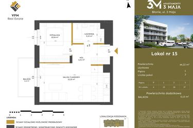 Rzut - Mieszkanie na sprzedaż 2 pokoje o powierzchni 44,22 m² - numer 15 w Apartamenty 3 Maja