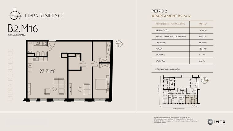Rzut - Mieszkanie na sprzedaż 3 pokoje o powierzchni 97,71 m² - numer B2.M16 w Libra Residence