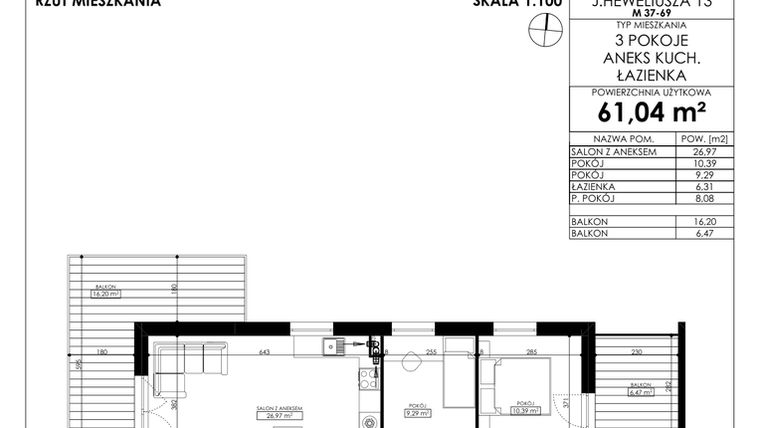 Rzut - Mieszkanie na sprzedaż 3 pokoje o powierzchni 61,04 m² - numer JAR-II-B-LM-M58 w Osiedle JAR Heweliusza etap II