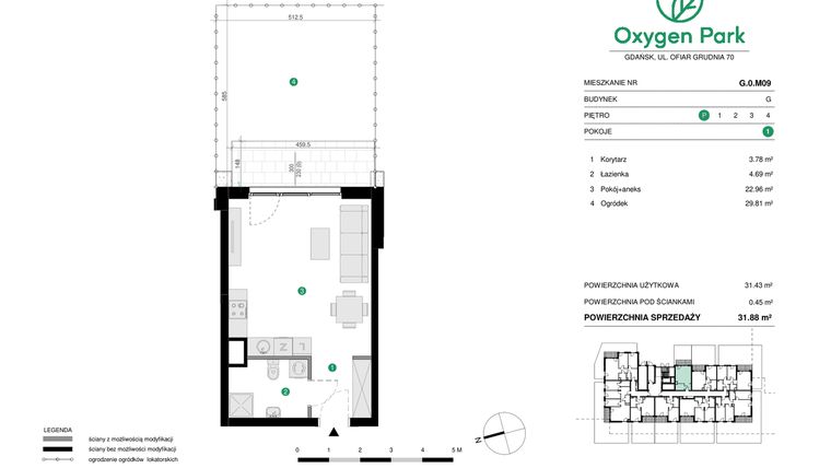 Rzut - Mieszkanie na sprzedaż 1 pokój o powierzchni 31,88 m² - numer G.0.M09 w Oxygen Park etap III