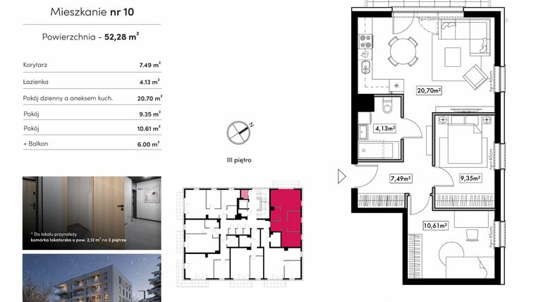 Rzut - Mieszkanie na sprzedaż 3 pokoje o powierzchni 52,28 m² - numer M10 w Novum Rumia - bud. 15