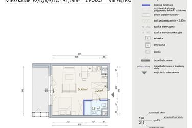 Rzut - Mieszkanie na sprzedaż 1 pokój o powierzchni 31,25 m² - numer D/8/5/1A w Modern Mokotów bud. F1 i F2