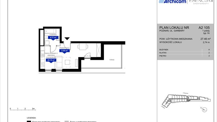 Rzut - Mieszkanie na sprzedaż 1 pokój o powierzchni 27,46 m² - numer A2.105 w Apartamenty Esencja II