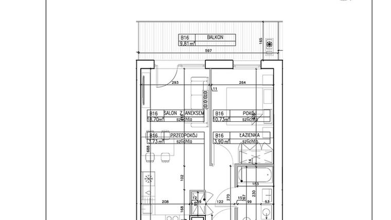 Rzut - Mieszkanie na sprzedaż 2 pokoje o powierzchni 37,06 m² - numer B16 w Symfonia - Chodkiewicza 9