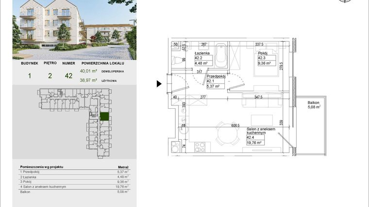 Rzut - Mieszkanie na sprzedaż 2 pokoje o powierzchni 38,97 m² - numer A42 w Aleja Mickiewicza