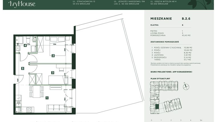 Rzut - Mieszkanie na sprzedaż 3 pokoje o powierzchni 43,43 m² - numer B.2.6 w IVY HOUSE