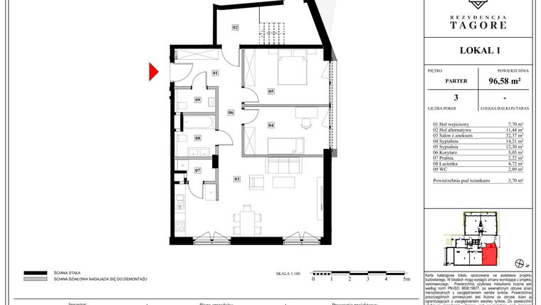 Rzut - Mieszkanie na sprzedaż 3 pokoje o powierzchni 96,58 m² - numer A.0.1 w Rezydencja Tagore