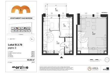 Rzut - Mieszkanie na sprzedaż 2 pokoje o powierzchni 63,56 m² - numer B.3.79 w Morzlive