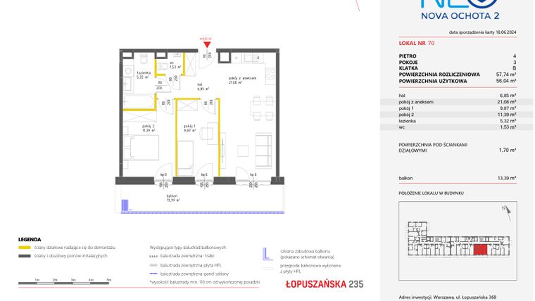 Rzut - Mieszkanie na sprzedaż 3 pokoje o powierzchni 57,74 m² - numer 70 w Neo Nova Ochota 2