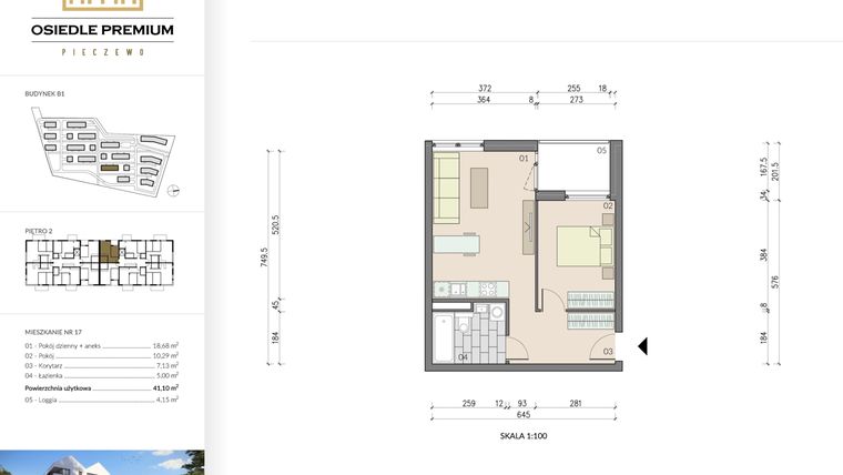 Rzut - Mieszkanie na sprzedaż 2 pokoje o powierzchni 41,1 m² - numer B1.17 w Osiedle Premium etap IV