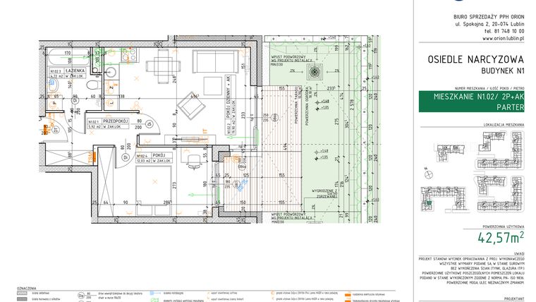 Rzut - Mieszkanie na sprzedaż 2 pokoje o powierzchni 42,57 m² - numer N1.02 w Osiedle Narcyzowe etap 2
