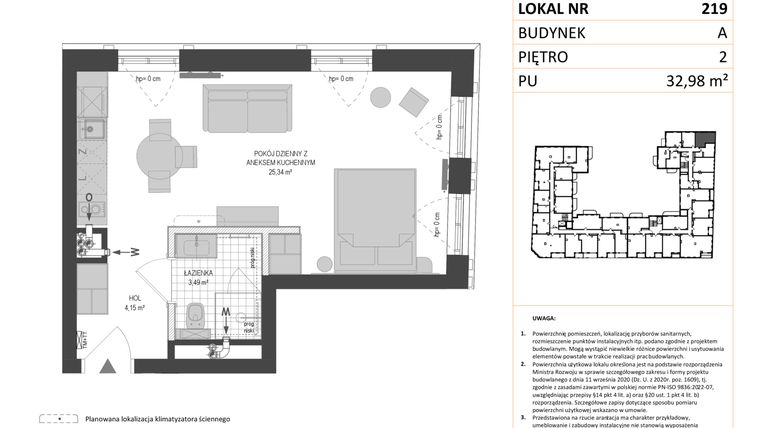 Rzut - Mieszkanie na sprzedaż 1 pokój o powierzchni 32,98 m² - numer A.219 w Esencja - Apartamenty inwestycyjne