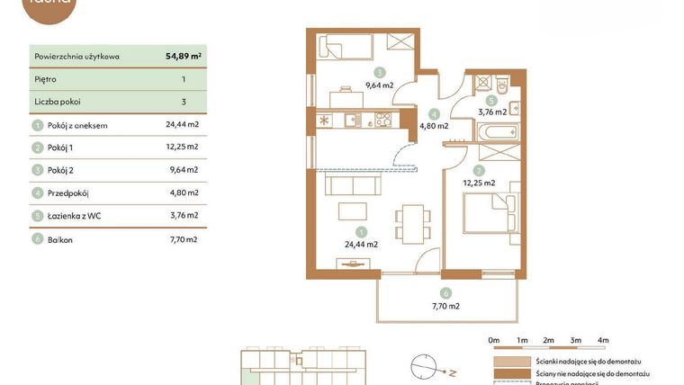 Rzut - Mieszkanie na sprzedaż 3 pokoje o powierzchni 54,89 m² - numer D27-1 w Fauna