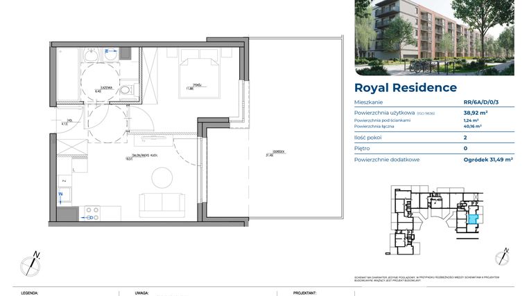 Rzut - Mieszkanie na sprzedaż 2 pokoje o powierzchni 38,92 m² - numer RR/6A/D/0/3 w Royal Residence 6A