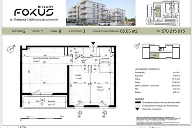 Rzut - Mieszkanie na sprzedaż 3 pokoje o powierzchni 65,85 m² - numer II.9 w Fokus Bielany