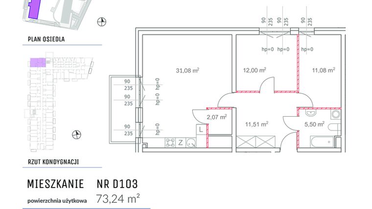 Rzut - Mieszkanie na sprzedaż 3 pokoje o powierzchni 73,24 m² - numer D103 w Osiedle Impresja 2