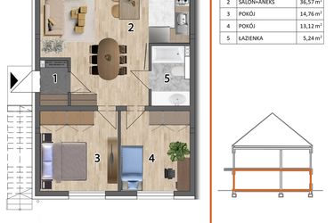 Rzut - Mieszkanie na sprzedaż 3 pokoje o powierzchni 72,56 m² - numer 6LD w Osiedle Przyjazne etap V