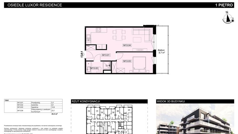 Rzut - Mieszkanie na sprzedaż 2 pokoje o powierzchni 45,5 m² - numer A1.13 w Luxor Residence