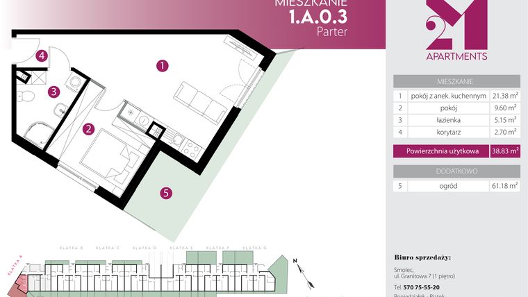 Rzut - Mieszkanie na sprzedaż 2 pokoje o powierzchni 38,83 m² - numer 1.A.0.3 w Maślice Wrocław Milo Dobry Deweloper etap IV