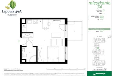 Rzut - Mieszkanie na sprzedaż 1 pokój o powierzchni 29,98 m² - numer 74B w Lipowa 49A