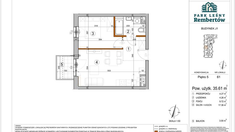 Rzut - Mieszkanie na sprzedaż 2 pokoje o powierzchni 35,61 m² - numer J1-61 w Park Leśny Rembertów etap VIII