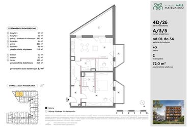 Rzut - Mieszkanie na sprzedaż 2 pokoje o powierzchni 72,06 m² - numer A/3/5 w Osiedle Mateckiego 4ALL