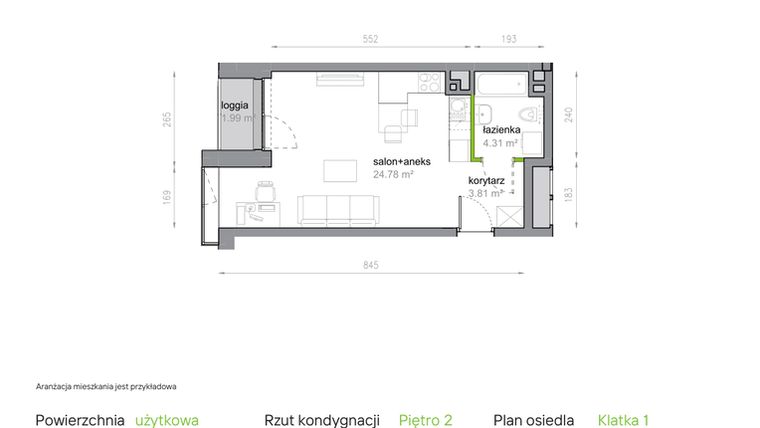 Rzut - Mieszkanie na sprzedaż 1 pokój o powierzchni 32,9 m² - numer K1/2/13 w Piękna Vita
