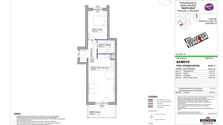 Rzut - Mieszkanie na sprzedaż 2 pokoje o powierzchni 45,69 m² - numer 16_B015 w Miasto Moje 8