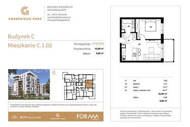 Rzut - Mieszkanie na sprzedaż 2 pokoje o powierzchni 42,09 m² - numer C.1.02 w Grabskiego Park