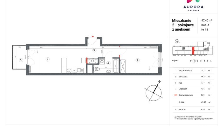 Rzut - Mieszkanie na sprzedaż 2 pokoje o powierzchni 47,79 m² - numer A-18 w Osiedle Aurora