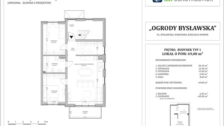 Rzut - Mieszkanie na sprzedaż 3 pokoje o powierzchni 69 m² - numer 20.1.1 w Ogrody Bysławska