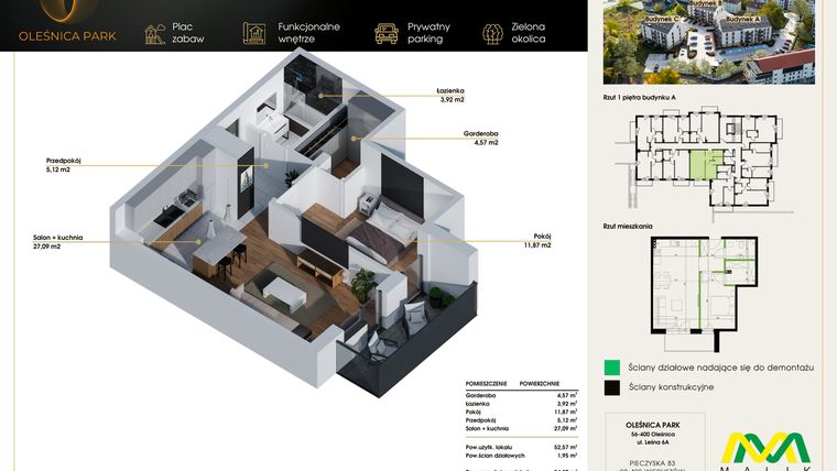 Rzut - Mieszkanie na sprzedaż 2 pokoje o powierzchni 54,52 m² - numer M16 w Oleśnica Park