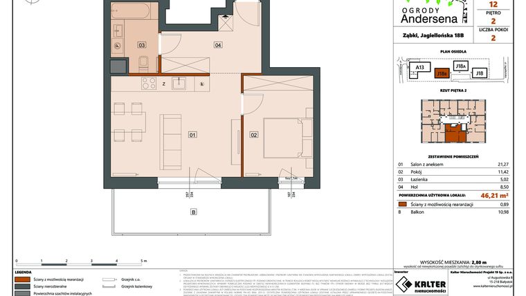 Rzut - Mieszkanie na sprzedaż 2 pokoje o powierzchni 46,21 m² - numer 12B w Ogrody Andersena