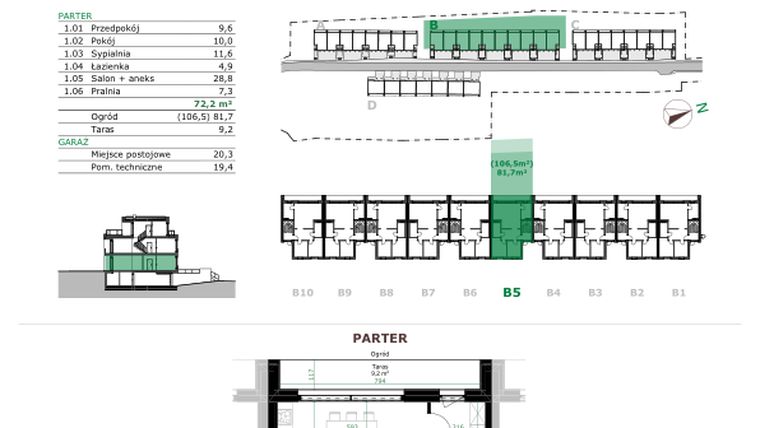 Rzut - Mieszkanie na sprzedaż 3 pokoje o powierzchni 72,2 m² - numer B.5.1. w Dębowe Zacisze