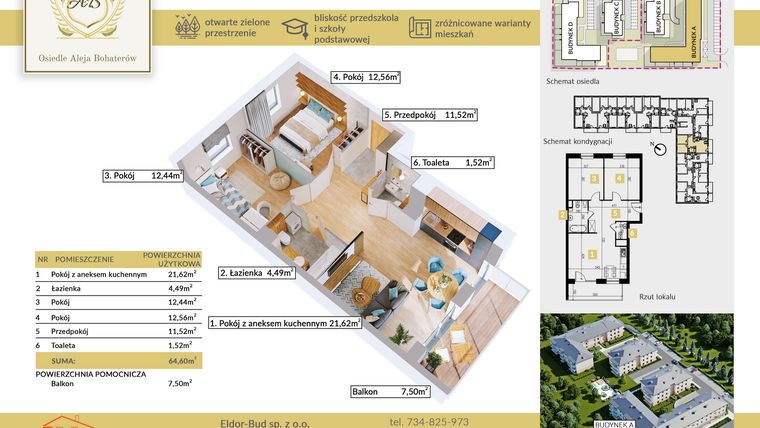 Rzut - Mieszkanie na sprzedaż 3 pokoje o powierzchni 64,6 m² - numer A.18 w Aleja Bohaterów